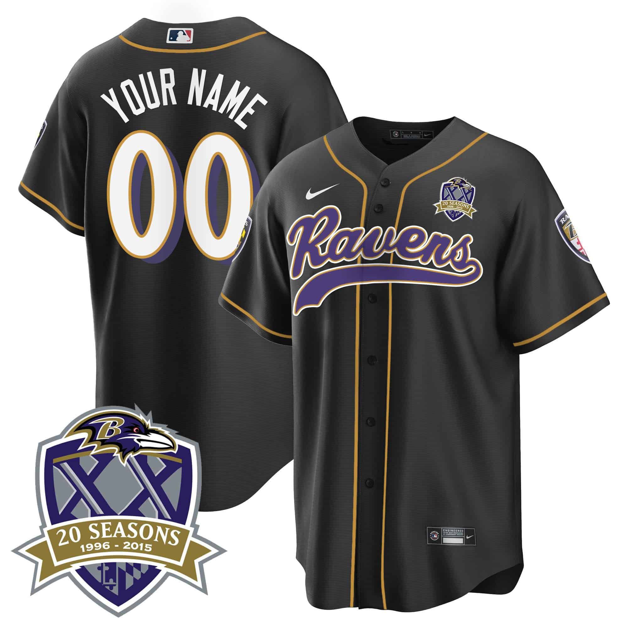 Men Baltimore Ravens Black 2024 Nike 20th Season Patch Baseball Custom NFL Jersey style 1